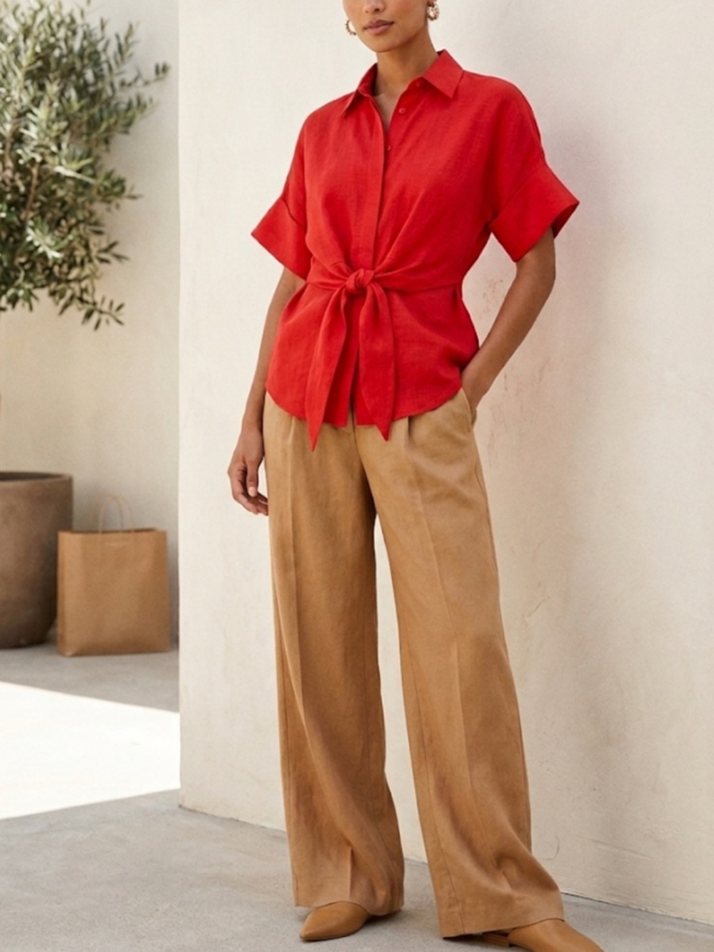 Lauren Ralph Lauren Black Label Blouse S/P Red 100% Linen Top Tie Front Shirt